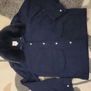 Gap Navy Canvas Jacket W/Fur Trim, Size Medium Tall